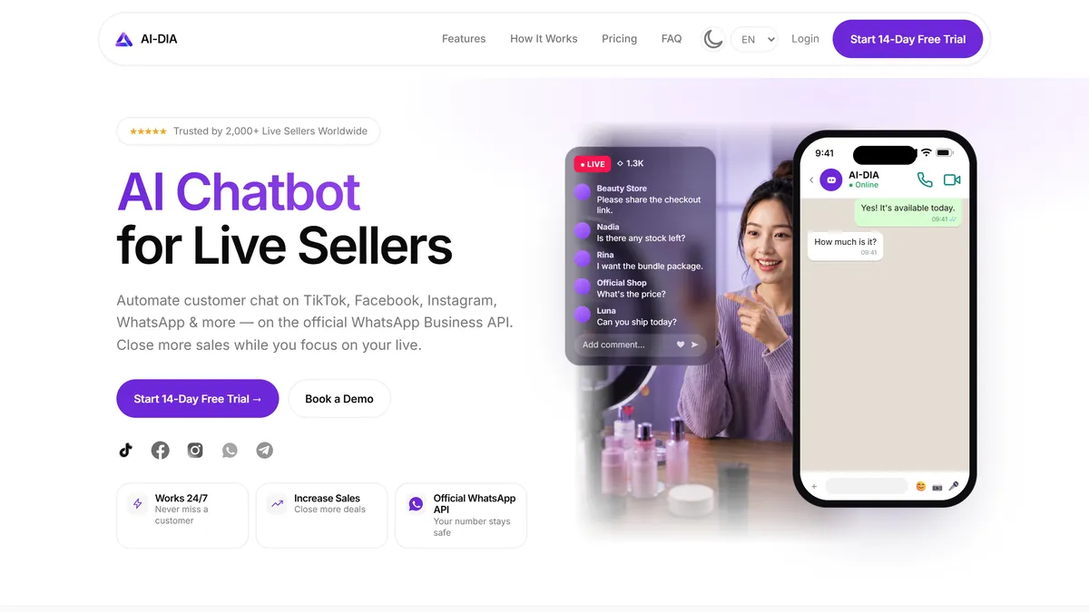 Ai-Dia website: AI chatbot for live sellers