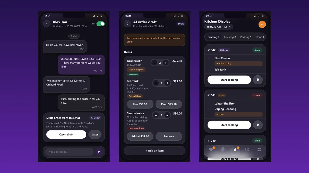 Ai-Dia staff app: chat, AI order draft and kitchen display (sample data)